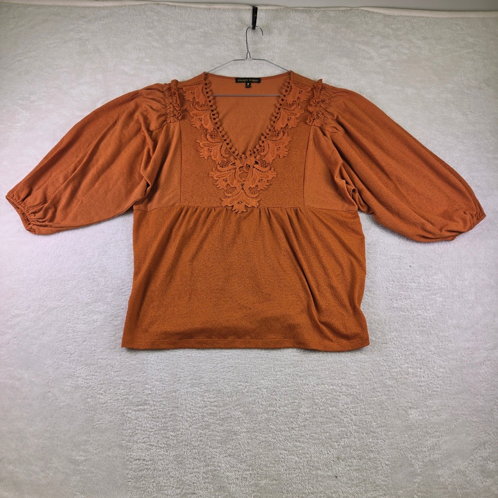 Always Indigo Burnt Orange Lace V-Neck Balloon Sleeve Peplum Blouse 1X